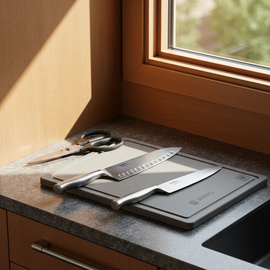 Our Place Kitchen Tools and Prep collection with German steel knives and cutting board