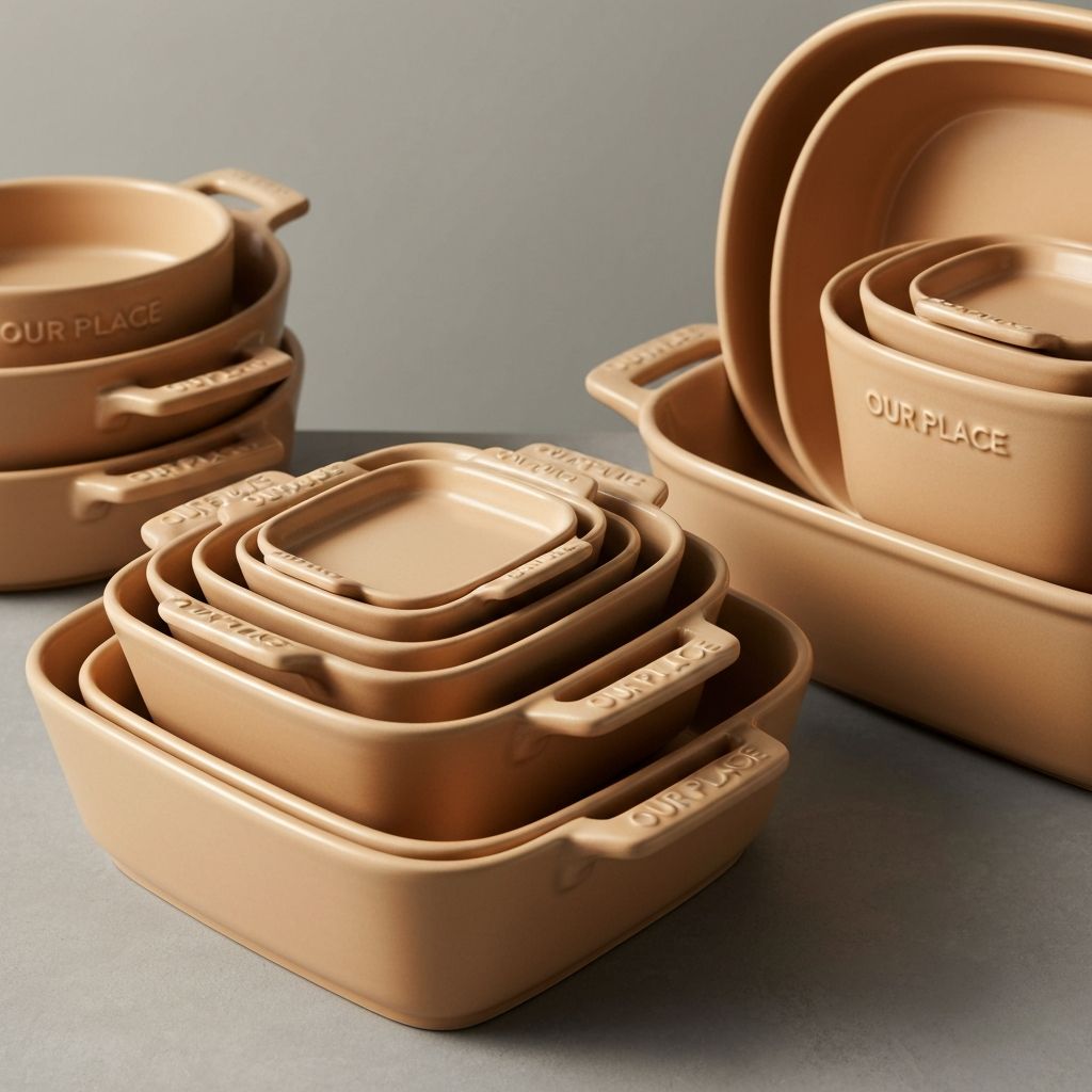 Our Place Ovenware Set featuring ceramic baking dishes with nesting design